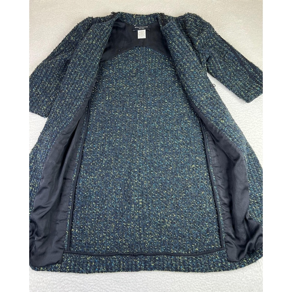 Eva Culture Womens 38 Blue Tweed Wool Zip Front 3/4 Sleeve Fringe Pocket Coat - Picture 4 of 7